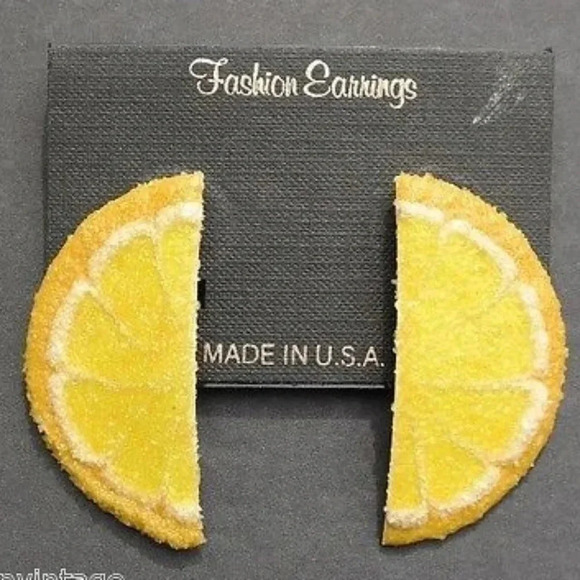 1970's Metal Yellow Textured Lemon Pierced Earring - Picture 1 of 2